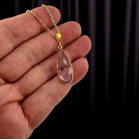 Faceted Amethyst Teardrop Necklace Natural Gemstone Yellow Gold Vermeil - Picture 11 of 11